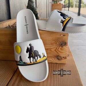 Western Slide Sandals – Cowboy & Dog Desert Scene, White Comfort Slides